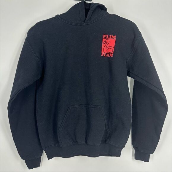 FLIM FLAM Merch Flamingo Graphic Black Hooded Sweatshirt Sz Youth XL - Picture 1 of 6